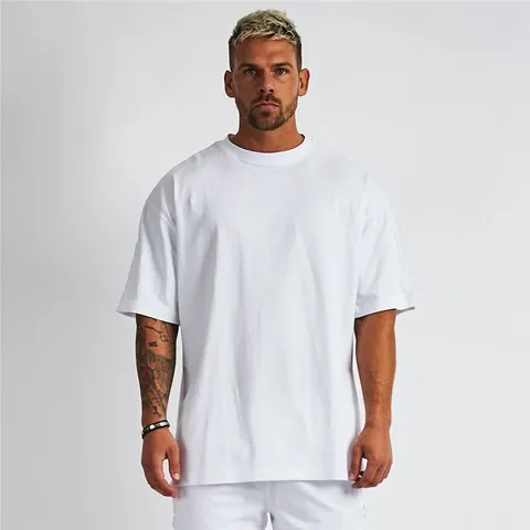 Maglietta da Uomo in Cotone Oversize Spalle Cadenti Vestibilità Larga Casual Tinta Unita Fitness Manica Corta Top