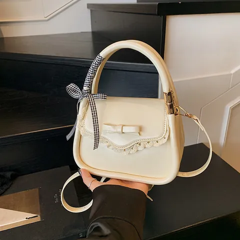 Petit Sac à Bandoulière Carré en Cuir PU pour Femmes Doublure Polyester Noeud Dentelle Poignée en Ruban Style Coréen Sac à Main