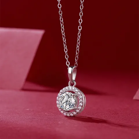 Luxus 925 Sterlingsilber Moissanit Halskette Prinzessin Rund Halo Anhänger Schlüsselbein Kette Für Damen Eleganter Modeschmuck