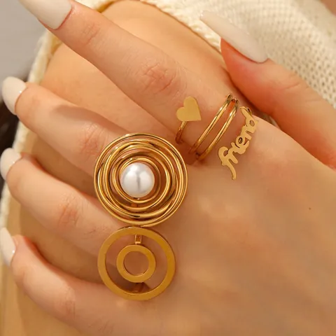 Anello Coreano Minimalista in Acciaio Inossidabile 304 Placcato Oro Vintage Geometrico Perla Artificiale Cuore Lettera Friend