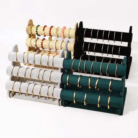 Soporte de Exhibición de Joyas de Madera y Terciopelo de Varias Capas para Pulseras Relojes Diademas Organizador de Joyas Desmontable