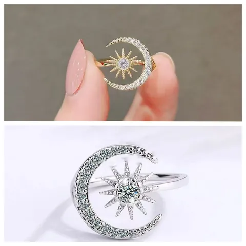 Koreanische Mode Stern Und Mond Offener Ring Für Damen Verstellbar Gold Silber Legierung Strass Schmuck Ring