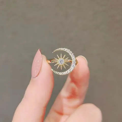 Koreanische Mode Stern Und Mond Offener Ring Für Damen Verstellbar Gold Silber Legierung Strass Schmuck Ring