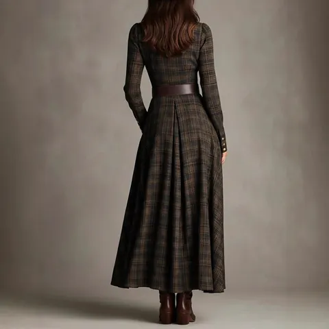 Women Retro Plaid Print Shirt Dress Lapel Long Sleeve Elastic Waist Maxi Dress With Belt European Western Style Polyester Gown