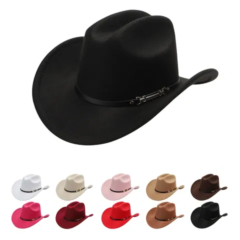 Women Western Cowboy Hat Polyester Felt Fedora Hat With Leather Belt Metal Buckle Rivets Retro Party Theme Wide Brim Cap