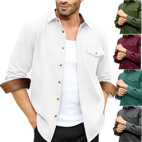 Men's Casual Brushed Cotton Blend Shirt Long Sleeve Contrast Trim Slim Fit Button Down Top With Chest Pocket For Winter