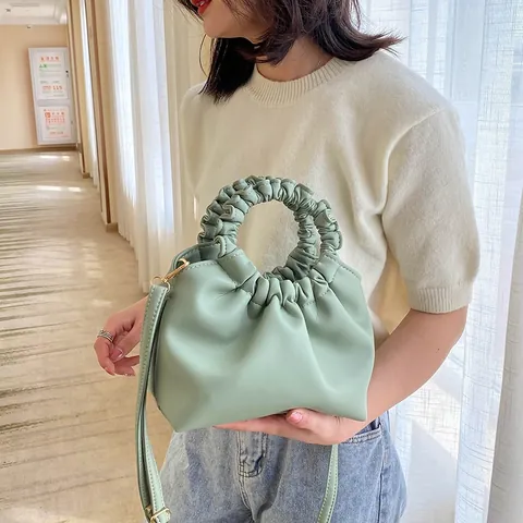Borsa a Spalla da Donna in PU Arricciata Stile Artistico Tinta Unita Borsa Messenger Tracolla Con Manico Morbido e Tracolla Lunga