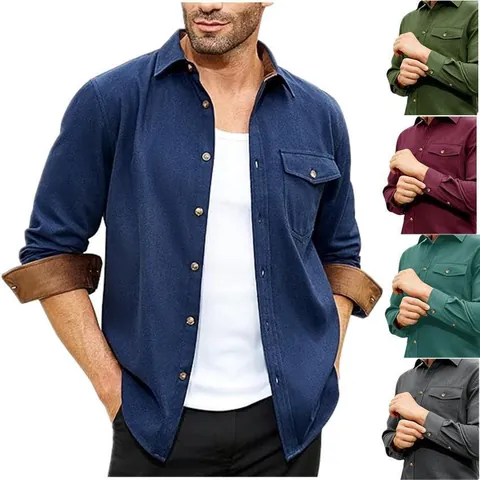 Men's Casual Brushed Cotton Blend Shirt Long Sleeve Contrast Trim Slim Fit Button Down Top With Chest Pocket For Winter