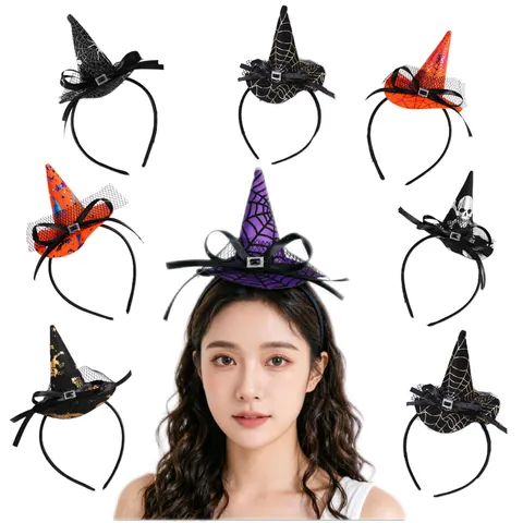 Cerchietto Cappello da Strega di Halloween Per Donne Bambini Cosplay Mini Cappello Ragnatela Zucca Teschio Accessori Capelli