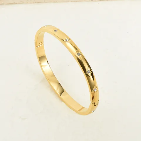 Brazalete de Acero de Titanio para Mujer Bañado en Oro 18K Strass Estrella Patrón Cielo Estrellado Joyería Minimalista