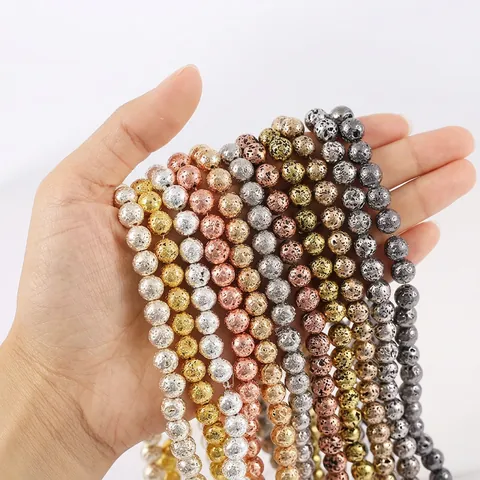 Natural Lava Stone Electroplated Round Loose Beads For DIY Jewelry Making Bracelet Necklace Making Accessories For Men Women