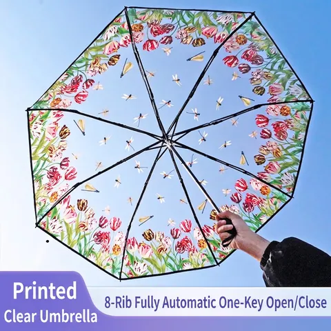 Automatic 3-Fold Transparent Umbrella Small Fresh Pattern Clear Rain Umbrella For Women Couples Students EVA Clear Parasol