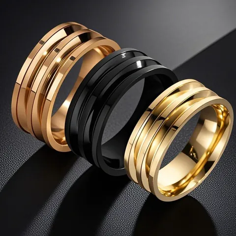 Anillo de Banda Lisa de Acero Inoxidable Hip Hop para Hombre Diseño de Tres Capas Pulido Joyería Geométrica Regalo