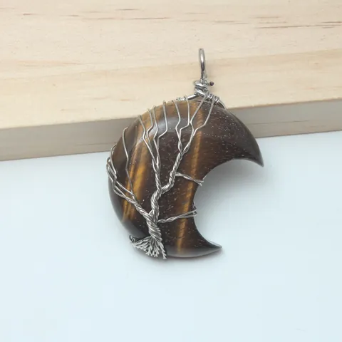 Handmade Wire Wrapped Tree Of Life Moon Natural Stone Pendant For Women Vintage Crystal Agate Crescent Necklace Jewelry Gift