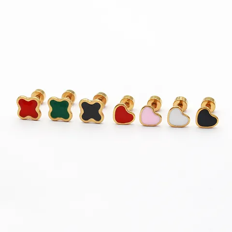 Minimalist Stainless Steel Gold Plated Enamel Drip Oil Stud Earrings Heart Four-Leaf Clover Shape Fashion Unisex Earrings Jewelry