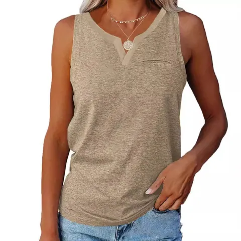 Women Casual V Neck Sleeveless Tank Top With Pocket Loose Summer Cotton Blend Solid Color Heathered Knit Vest Top