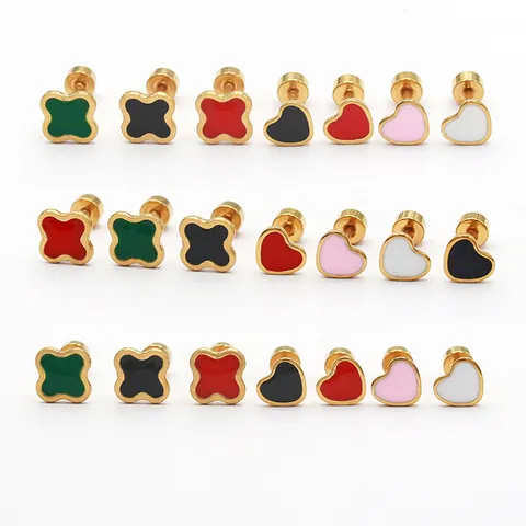 Minimalist Stainless Steel Gold Plated Enamel Drip Oil Stud Earrings Heart Four-Leaf Clover Shape Fashion Unisex Earrings Jewelry