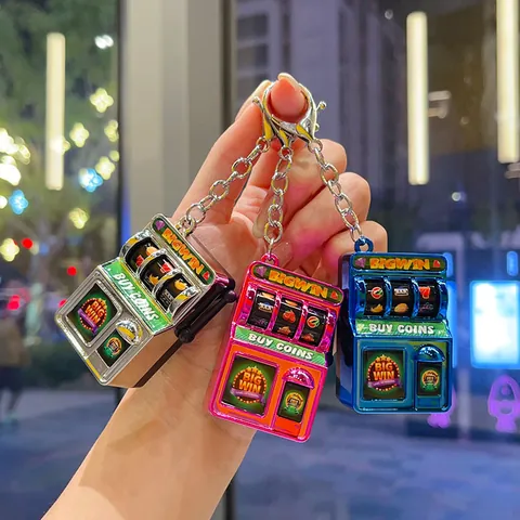 Electroplated Mini Slot Machine Keychain Retro Fruit Machine Decompression Toy Bag Pendant Creative Gambling Game Keychain Gift
