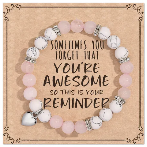 Natural Stone Beaded Bracelet With Heart Cross Pendant Handmade Healing Jewelry With Inspirational Message Card Gift For Women Men