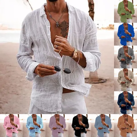 Men Casual Cotton Linen Blend Shirt Long Sleeve Loose Fit Single Breasted Lapel Solid Color Vacation Beach Tops Shirts