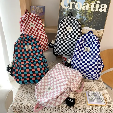 Mochila Vintage de Nailon a Cuadros para Mujer Estilo Coreano Bolsa Escolar de Gran Capacidad Casual con Colgante