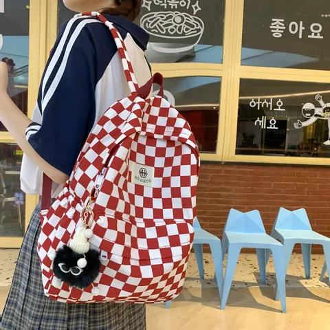 Mochila Vintage de Nailon a Cuadros para Mujer Estilo Coreano Bolsa Escolar de Gran Capacidad Casual con Colgante
