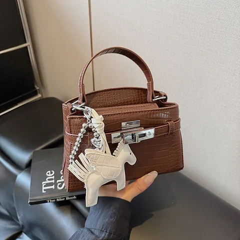 Damen Mode Krokodil Prägung Kelly Tasche Mit Silbernem Schloss Pferdeanhänger PU Leder Handtasche Umhängetasche
