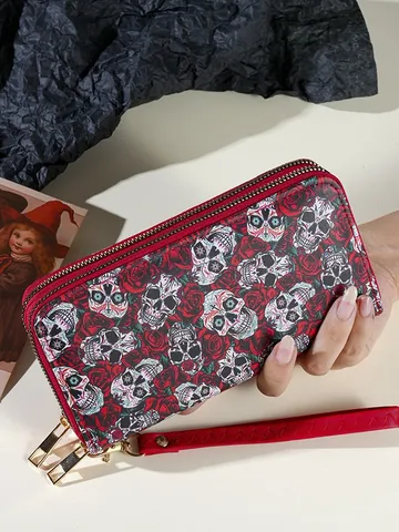 Halloween Personalisierte Lange Geldbörse Für Damen PU-Leder Doppelreißverschluss Clutch Tasche Zombie Totenkopf Rose Print Trendig