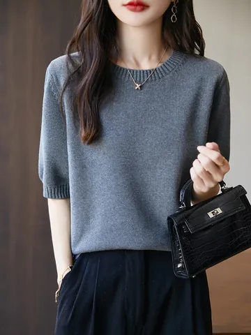 Women's 100 Percent Cotton Knitted T-Shirt Round Neck Short Sleeve Loose Fit Solid Color Double Layer Thick Casual Tee Top