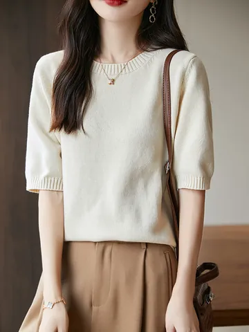 Women's 100 Percent Cotton Knitted T-Shirt Round Neck Short Sleeve Loose Fit Solid Color Double Layer Thick Casual Tee Top