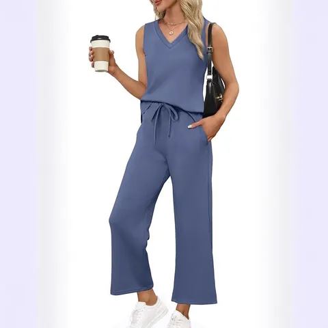 Women Summer Polyester Tank Top And Wide Leg Pants Outfits V Neck Sleeveless Casual Outfits For Travel High Waist Lounge Wear