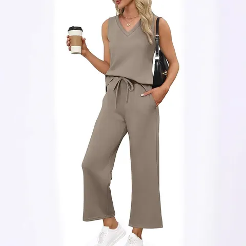 Women Summer Polyester Tank Top And Wide Leg Pants Outfits V Neck Sleeveless Casual Outfits For Travel High Waist Lounge Wear