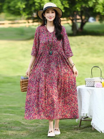 Women Floral Print Viscose Dress Elegant Middle Sleeve V-Neck Loose Beach Maxi Dress Casual Summer Vacation Clothing