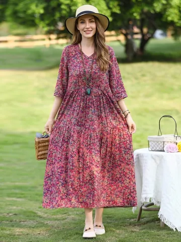 Women Floral Print Viscose Dress Elegant Middle Sleeve V-Neck Loose Beach Maxi Dress Casual Summer Vacation Clothing