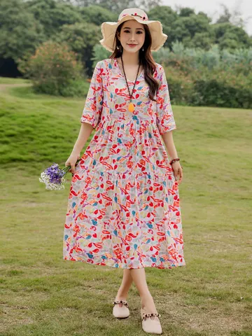 Women Floral Print Viscose Dress Elegant Middle Sleeve V-Neck Loose Beach Maxi Dress Casual Summer Vacation Clothing