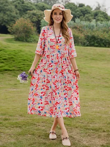 Women Floral Print Viscose Dress Elegant Middle Sleeve V-Neck Loose Beach Maxi Dress Casual Summer Vacation Clothing