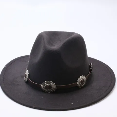 Sombrero Fedora Vintage de Ala Plana Ancha para Mujer Hombre Sombrero de Jazz de Fieltro Con Conchos de Metal Banda de Cuero