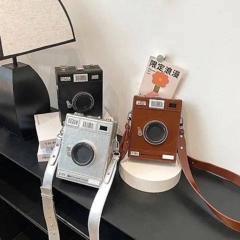 Vintage Creative Camera Shaped Crossbody Bag For Women PU Leather Metallic Box Bag Fashion Street Style Small Shoulder Bag