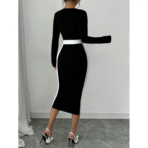 Γυναικείο Κομψό Φόρεμα Midi Bodycon με Τετράγωνη Λαιμόκοψη και Μακρύ Μανίκι από Πολυεστέρα Patchwork για Πάρτι