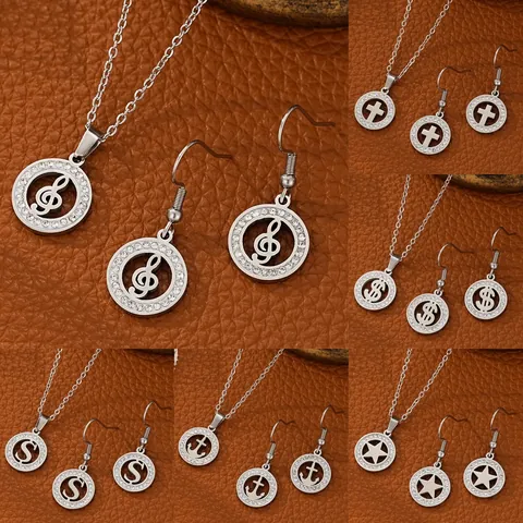 Juego de Joyas de Acero Inoxidable con Strass Nota Musical Cruz Ancla Estrella Signo de Dólar Letra S Collar con Colgante Pendientes Unisex