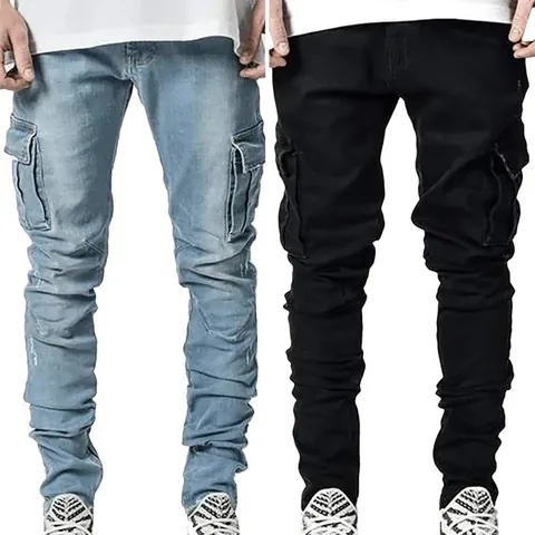 Heren Skinny Cargo Jeans Stacked Slim Fit Gewassen Denim Broek Met Zijflapzakken Rock Streetwear Polyester Heren Pantalon