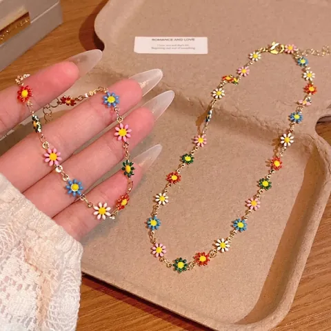 Bunte Dopamin Gänseblümchen Blume Halskette Armband Schmuck Set Für Damen Legierung Vergoldet Süße Frische Sommer Schlüsselbeinkette