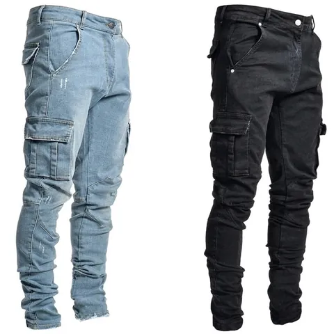 Heren Skinny Cargo Jeans Stacked Slim Fit Gewassen Denim Broek Met Zijflapzakken Rock Streetwear Polyester Heren Pantalon