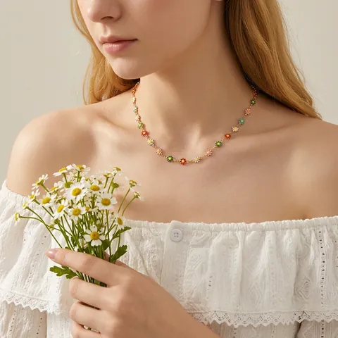 Bunte Dopamin Gänseblümchen Blume Halskette Armband Schmuck Set Für Damen Legierung Vergoldet Süße Frische Sommer Schlüsselbeinkette