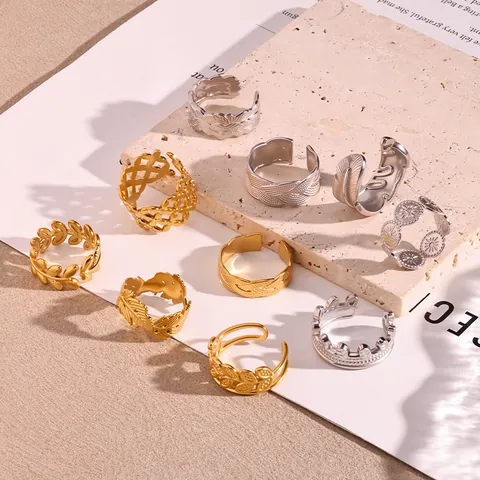 Übertriebener Edelstahl Offener Ring Für Damen Verstellbarer Westlicher Stil Geometrischer Blatt Feder Schlange Herz Ring