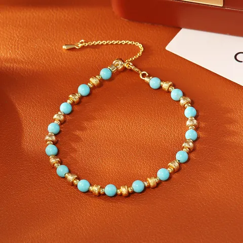 Elegant New Chinese Blue Turquoise Bracelet For Women Frosted Copper Gold Plated Beads Ethnic Jewelry Adjustable String Hand Chain Gift