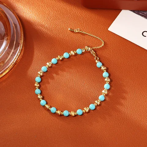 Elegant New Chinese Blue Turquoise Bracelet For Women Frosted Copper Gold Plated Beads Ethnic Jewelry Adjustable String Hand Chain Gift