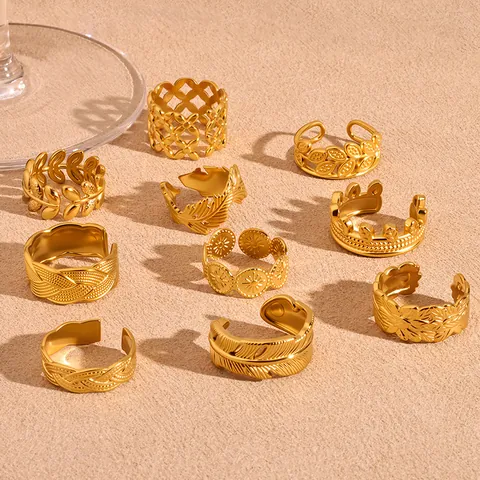 Übertriebener Edelstahl Offener Ring Für Damen Verstellbarer Westlicher Stil Geometrischer Blatt Feder Schlange Herz Ring