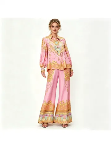 Damen Barock Druck Zwei Teiler Outfits Langarm Revers Hemd Und Hohe Taille Weite Hose Macaron Rosa Retro Kleidung Set