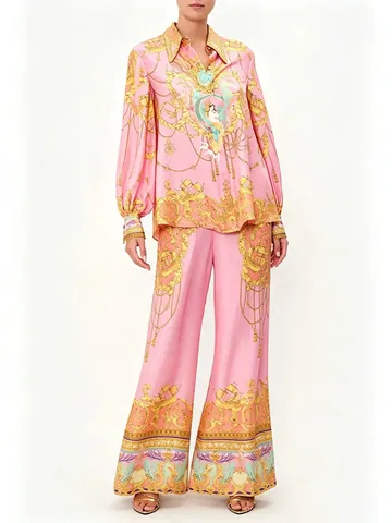 Damen Barock Druck Zwei Teiler Outfits Langarm Revers Hemd Und Hohe Taille Weite Hose Macaron Rosa Retro Kleidung Set